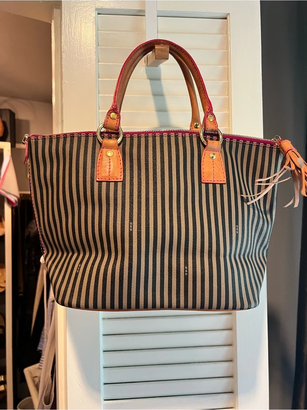 Vintage Inspired Striped Canvas Tote with Tan Leather Handles